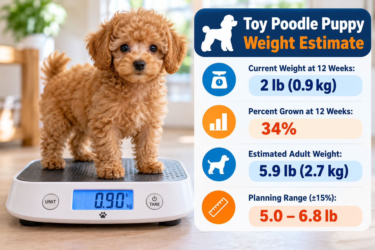 Toy Poodle puppy on a digital scale with adult-weight estimate graphic
