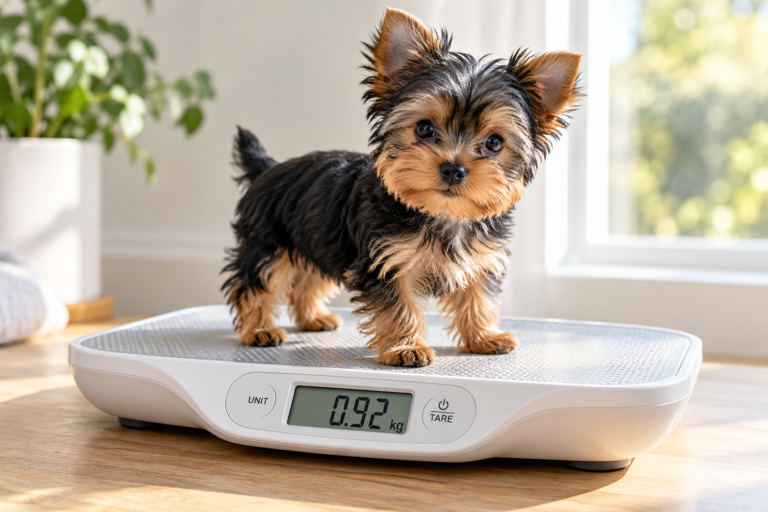 Yorkshire Terrier puppy standing on a digital pet scale