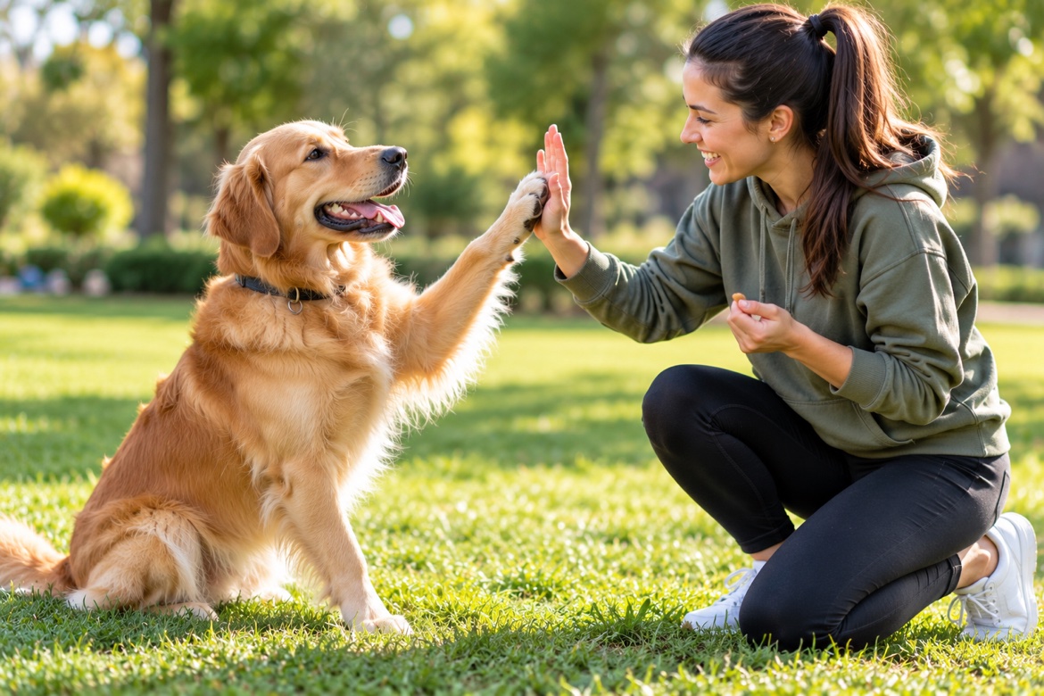 Dog giving a high-five to its owner during training in a park