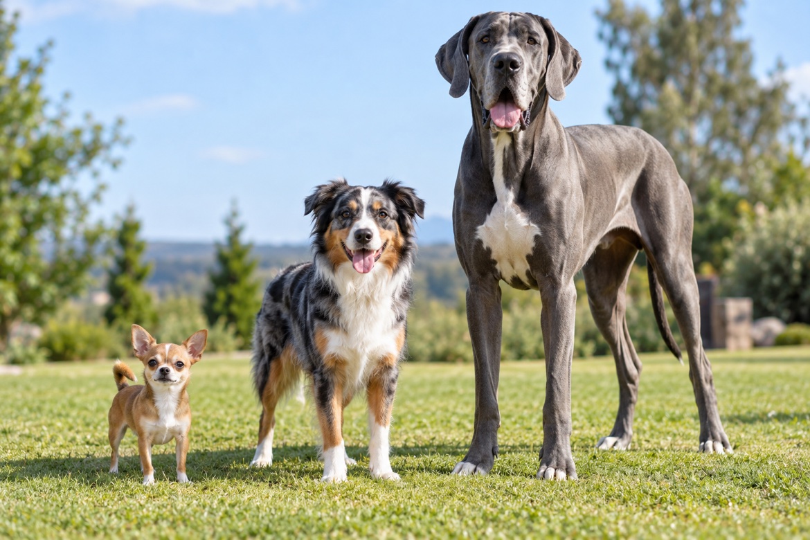 Small, medium, and giant dogs standing side by side showing size differences