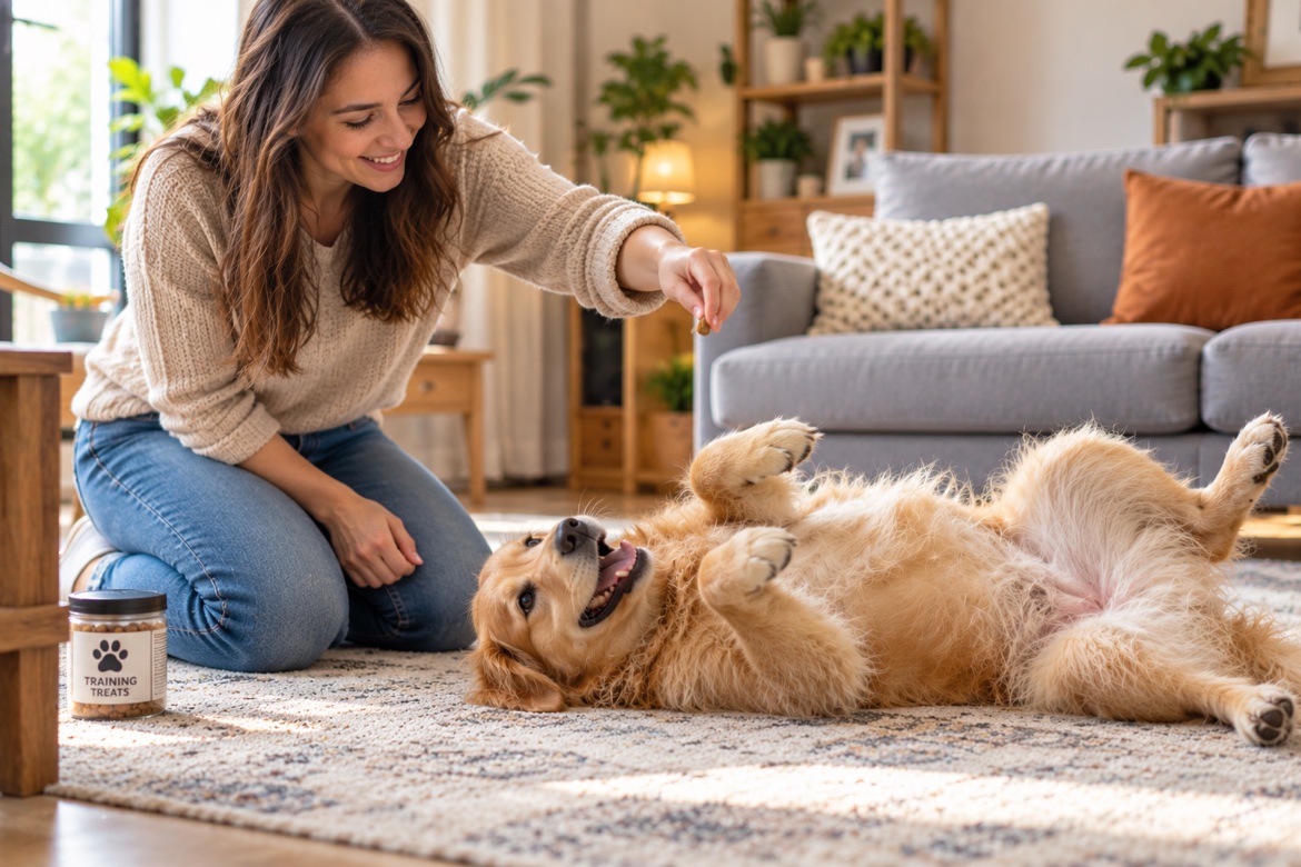 Owner teaching a dog to roll over at home with a treat
