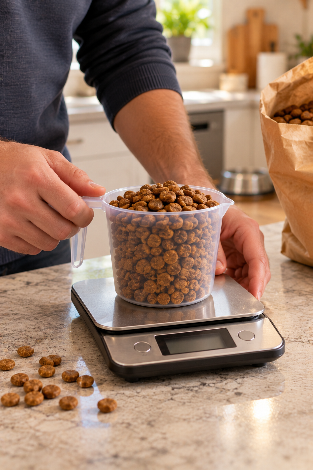 Person weighing a cup of kibble on a small kitchen scale