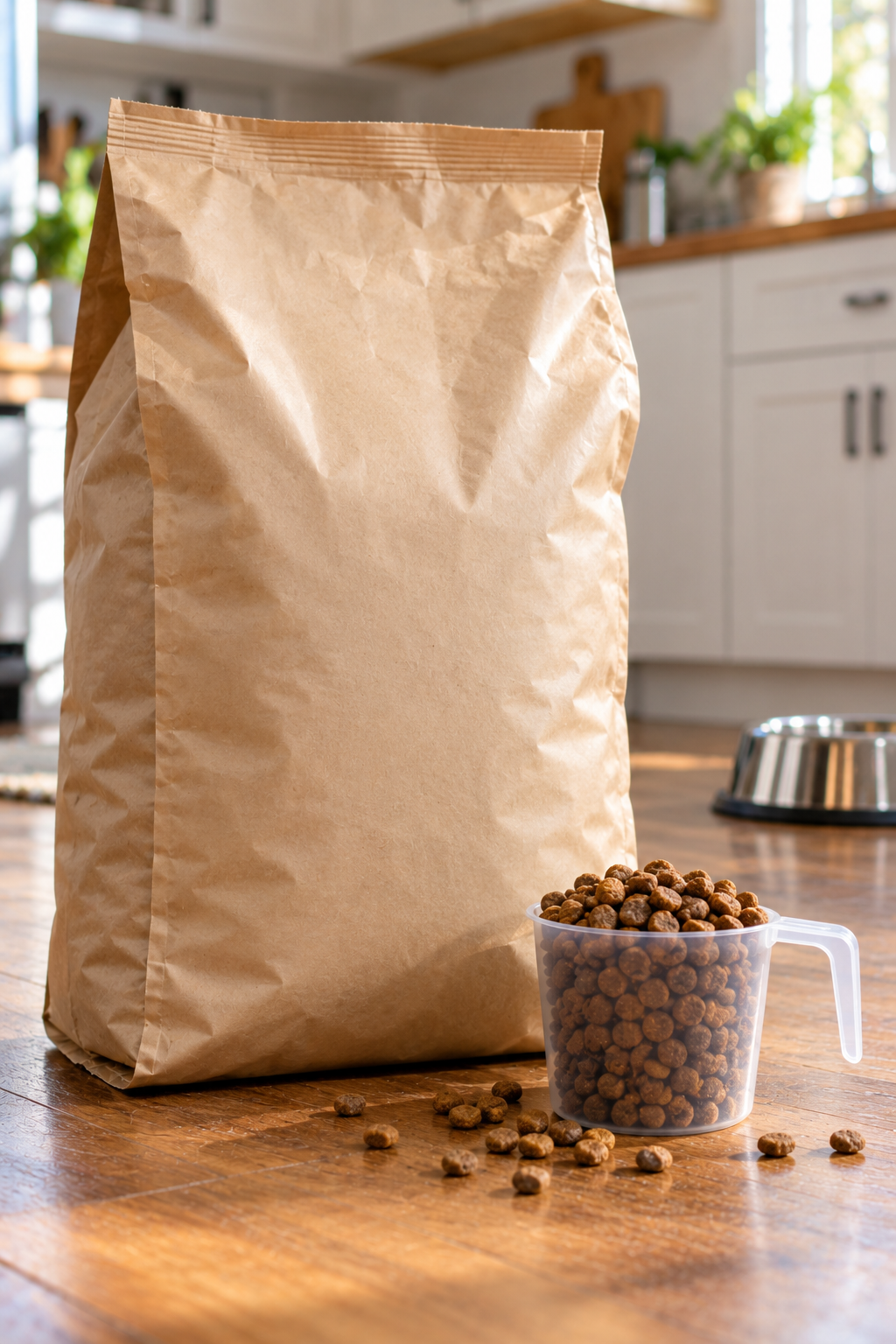 Large 30 lb bag of dog kibble next to a clear measuring cup full of kibble on a kitchen floor