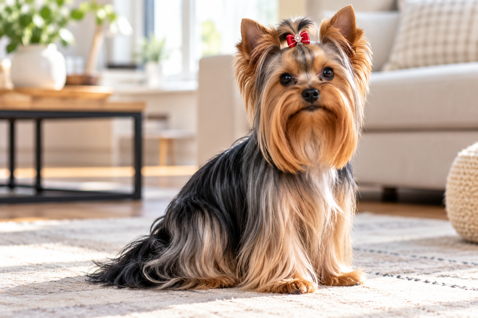 Adult Yorkshire Terrier with a long silky coat
