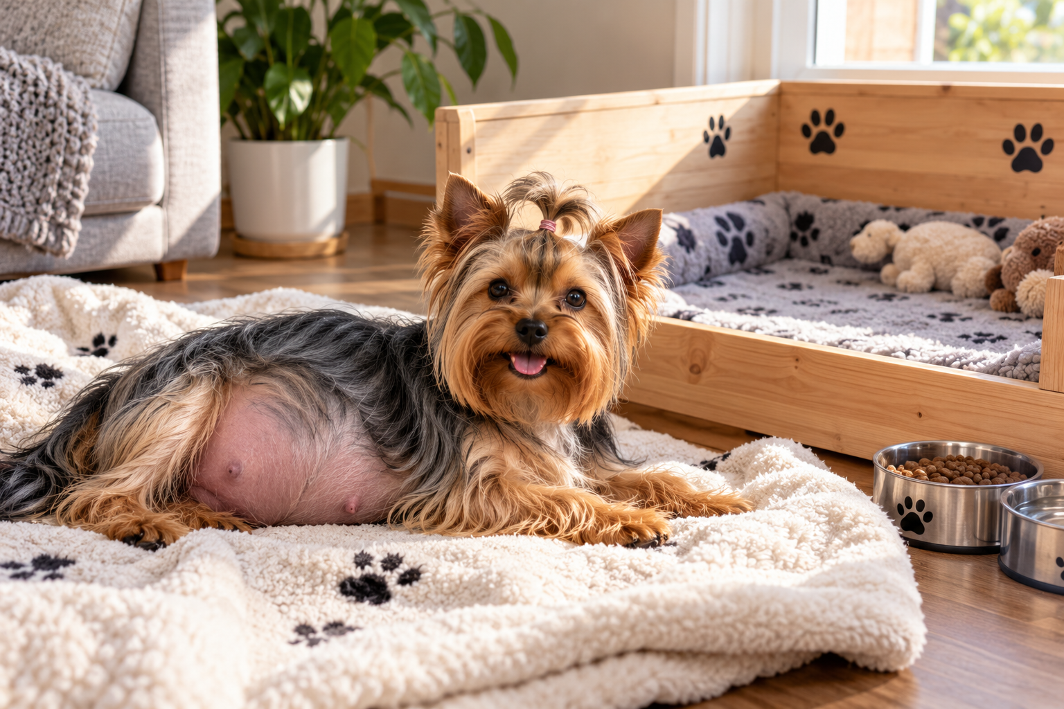 Pregnant Yorkshire Terrier resting beside a prepared whelping box