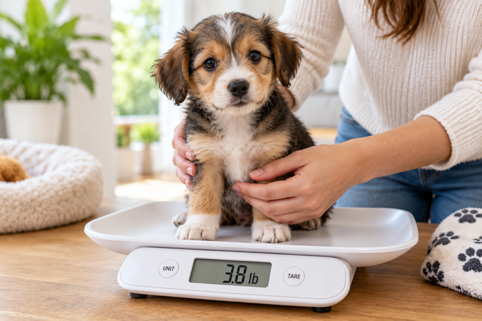Small mixed-breed puppy being held on a pet scale