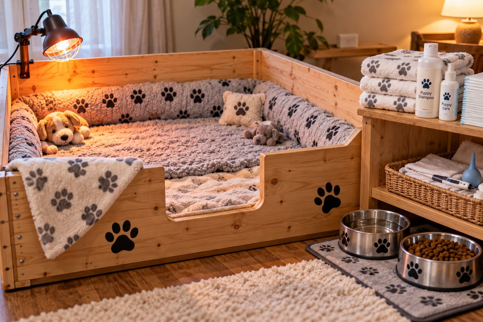 Prepared whelping box with bedding and newborn puppy supplies