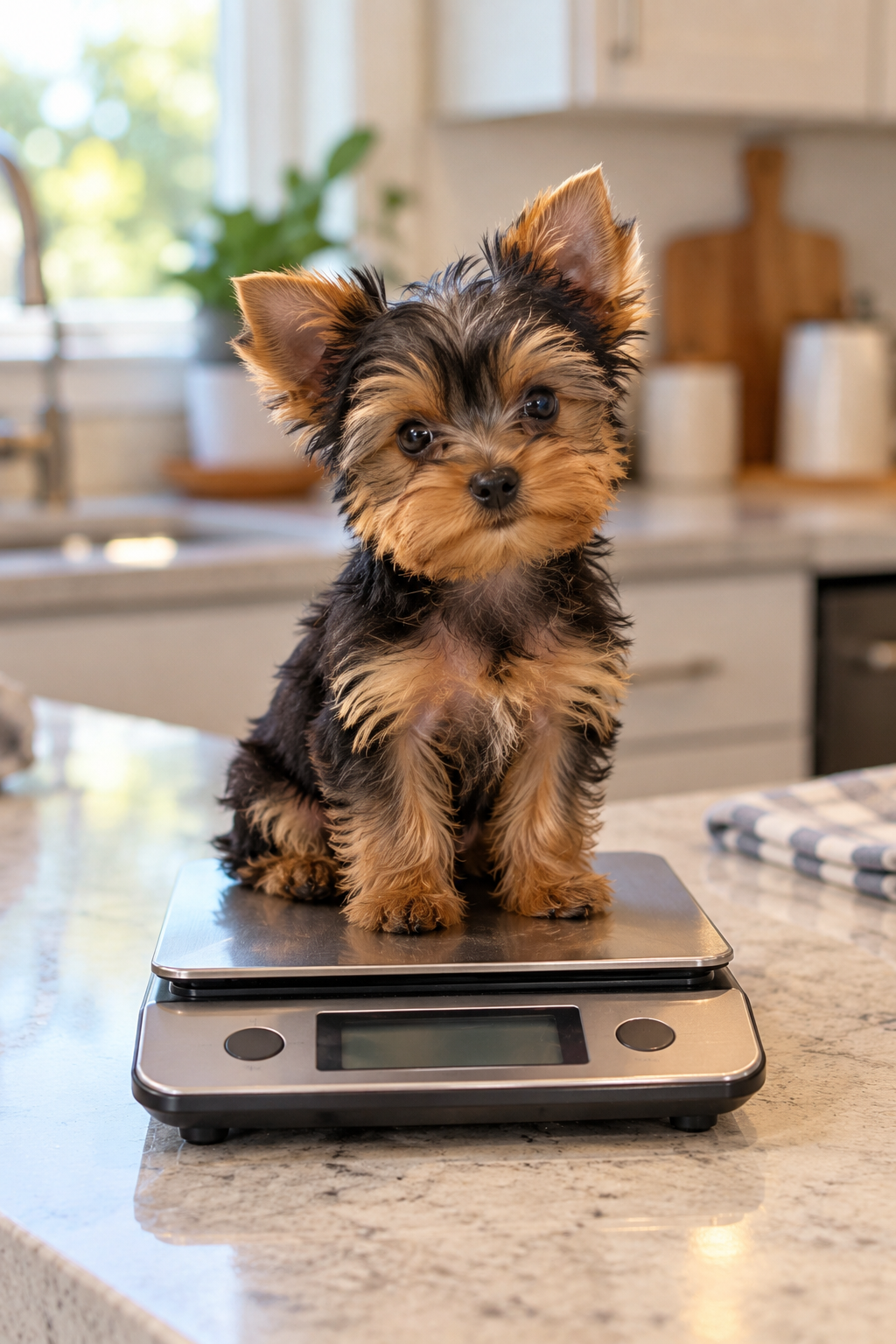 Small Yorkie puppy being weighed on a kitchen scale at home.
