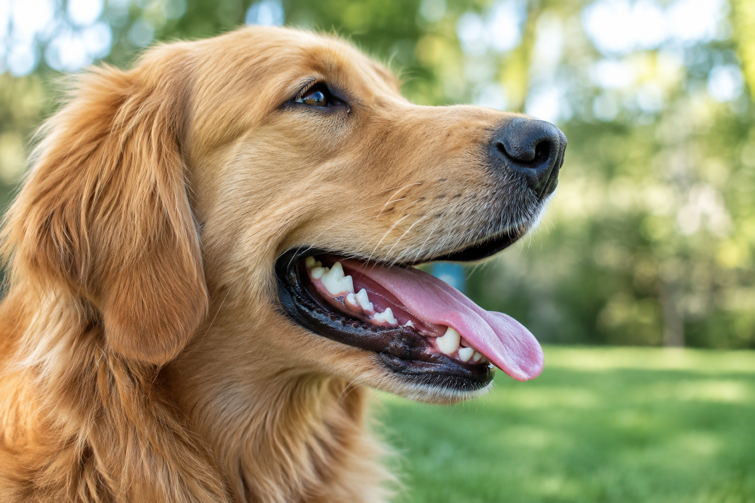Adult dog showing its teeth in a relaxed open-mouth pant