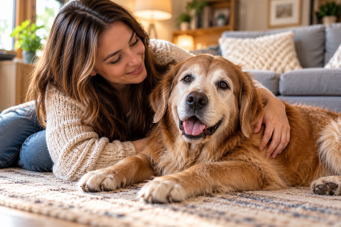 Happy senior dog with a grey muzzle relaxing at home