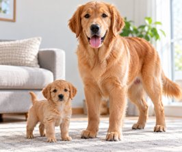 Small puppy beside a large-breed adolescent dog showing when do puppies stop growing by breed size