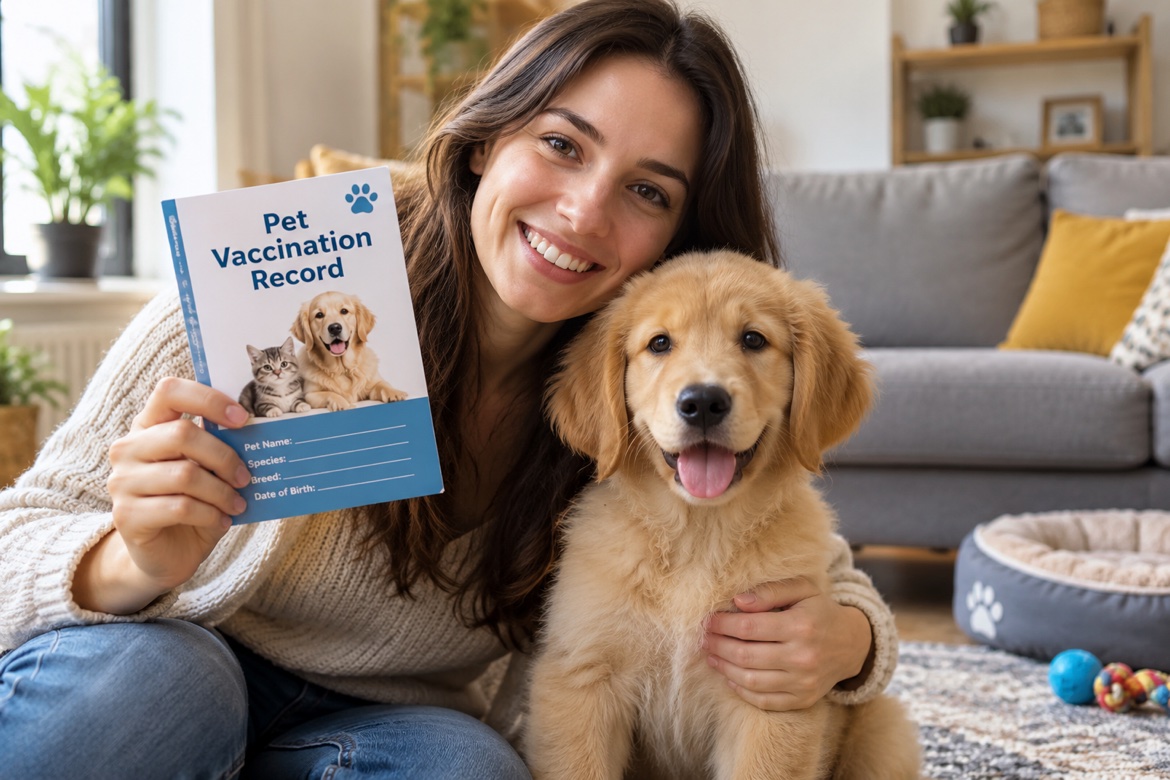 Owner holding a puppy vaccination record booklet