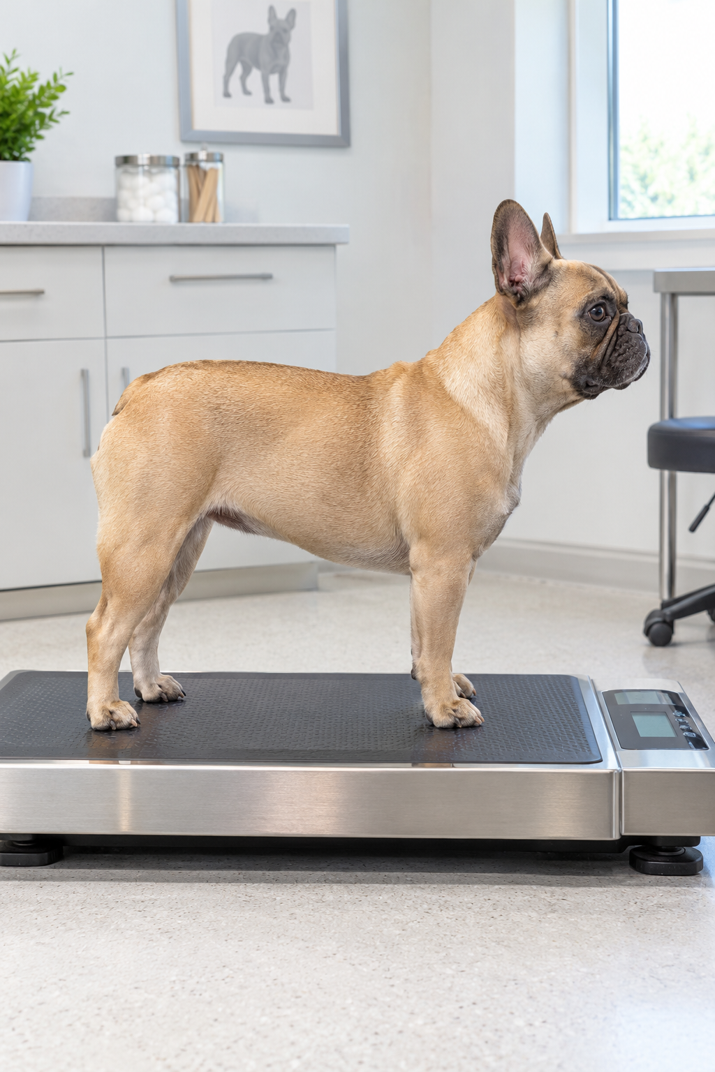Healthy fawn French Bulldog standing in profile on a vet clinic scale