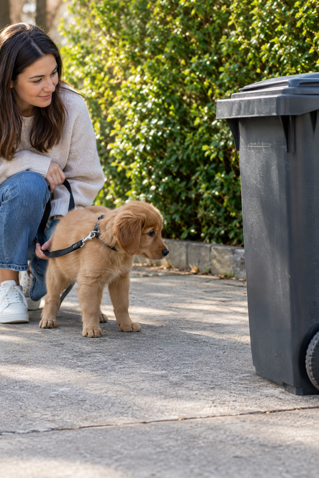 Young puppy cautiously looking at a trash bin from a safe distance outdoors while its owner crouches calmly nearby