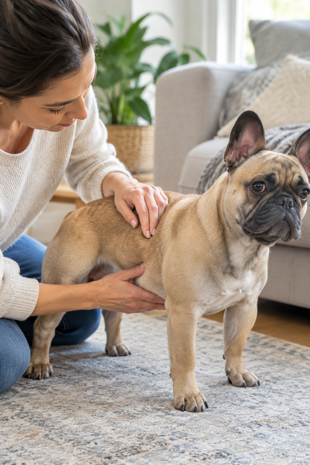 Owner gently feeling a French Bulldog's ribs to check its body condition at home