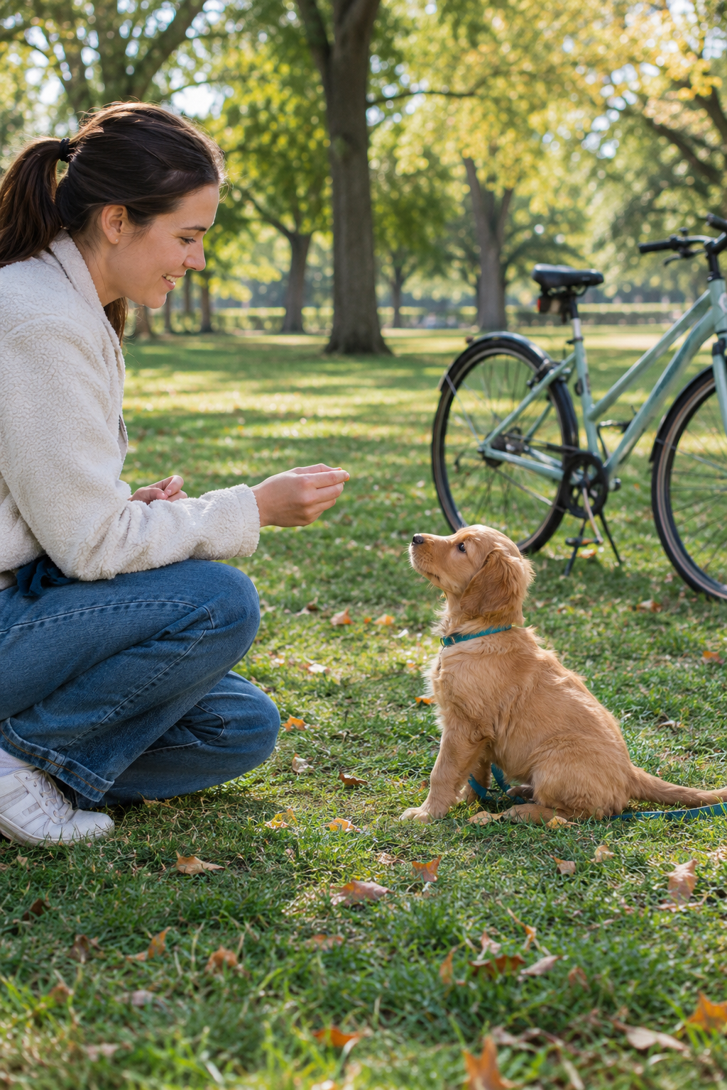 Owner offering a small puppy a treat at a comfortable distance from a bicycle in a park