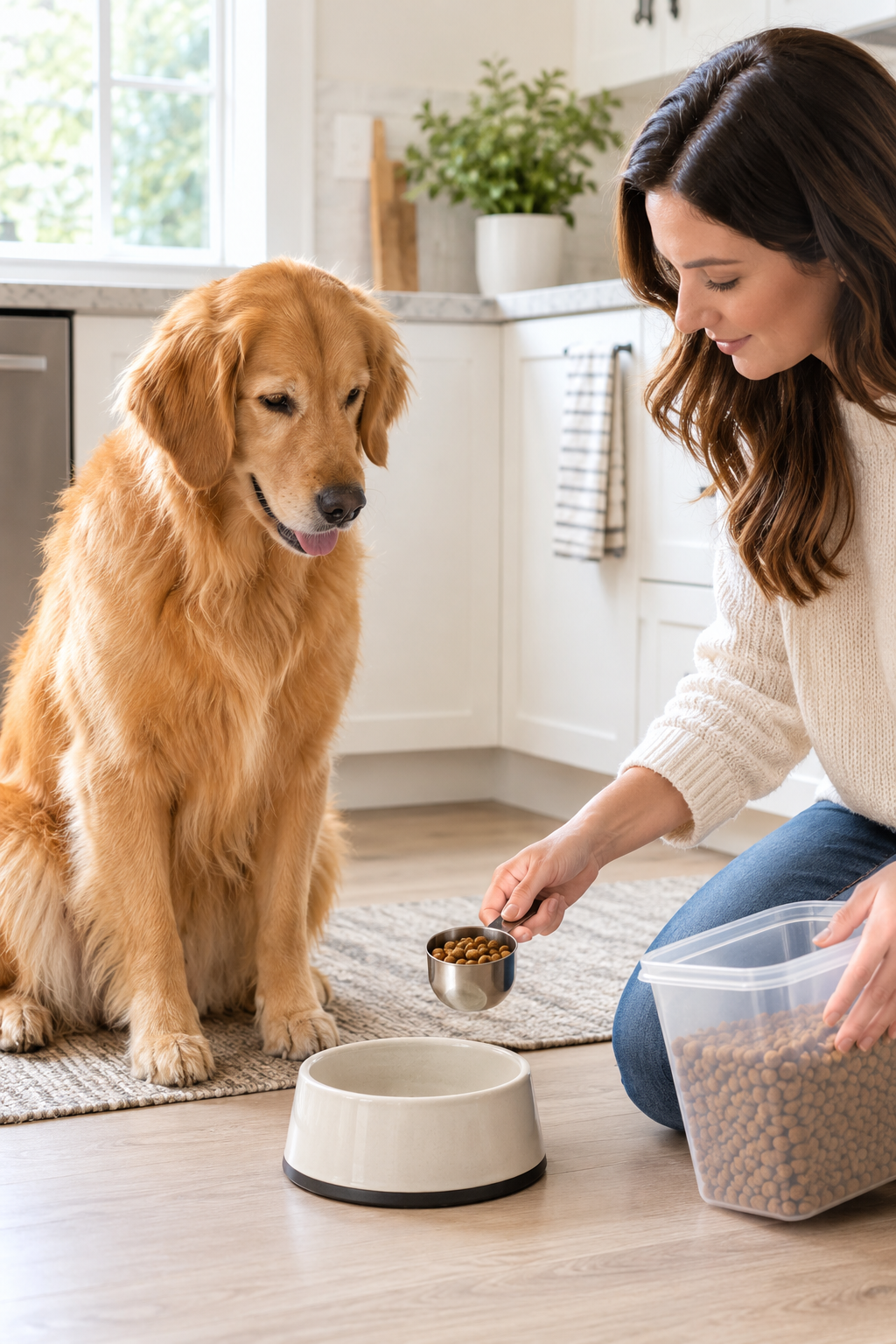 Golden Retriever sitting patiently beside its food bowl while its owner measures kibble with a cup in a bright kitchen