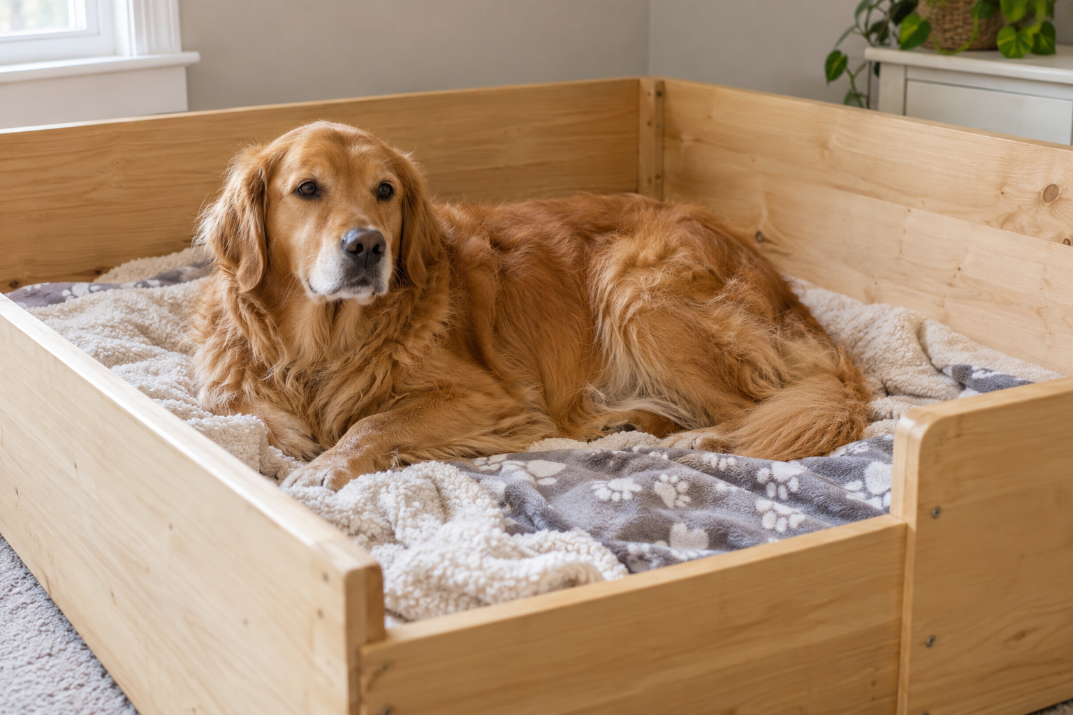 Calm adult dog resting in a prepared whelping box with clean blankets in a quiet room