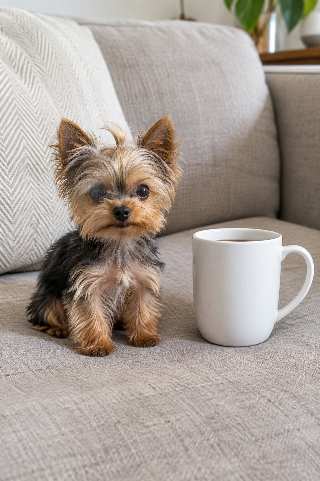 Tiny adult teacup Yorkie sitting next to a standard-sized coffee mug on a sofa for scale