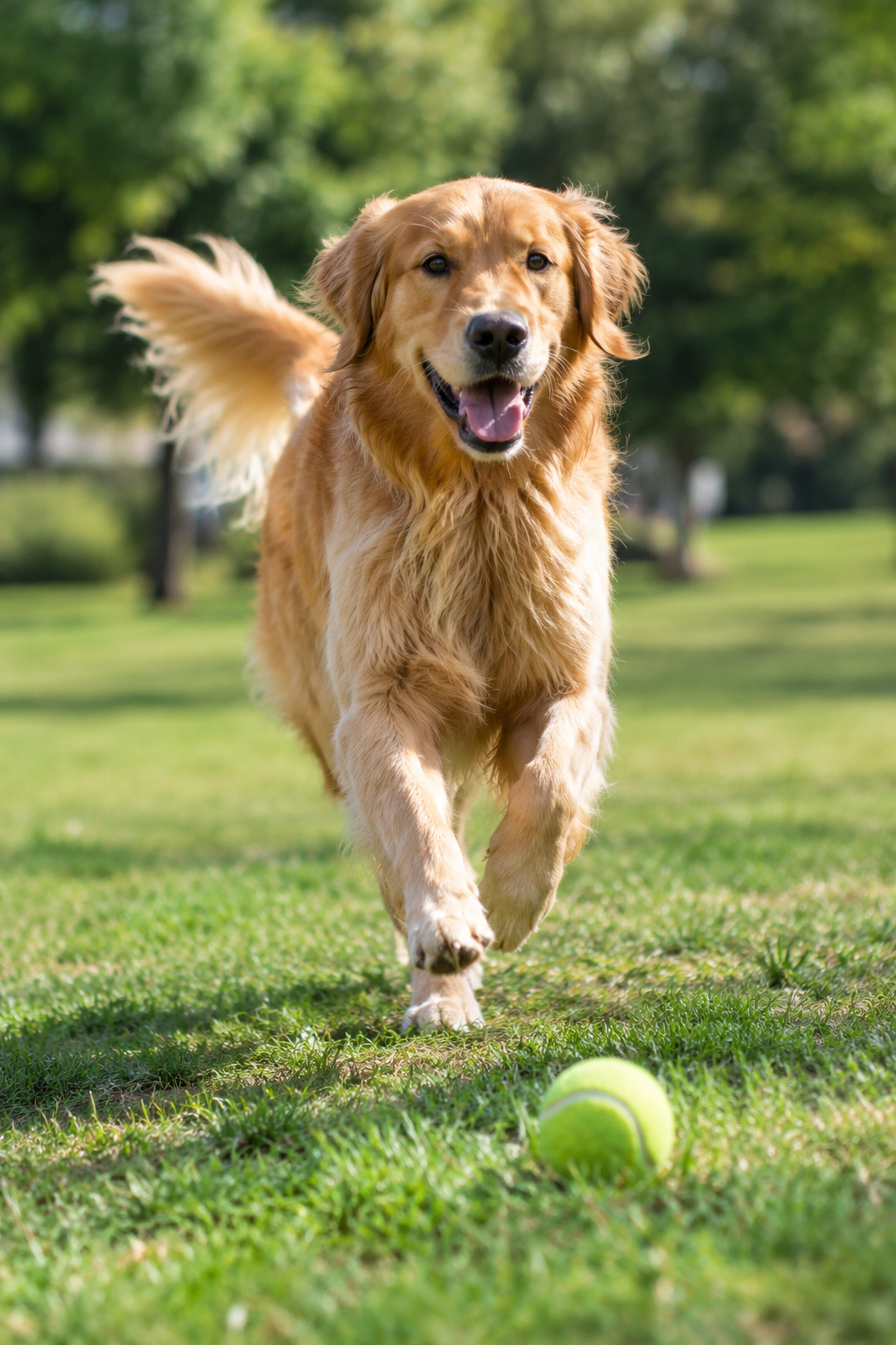 Happy adult Golden Retriever running to fetch a ball in a park