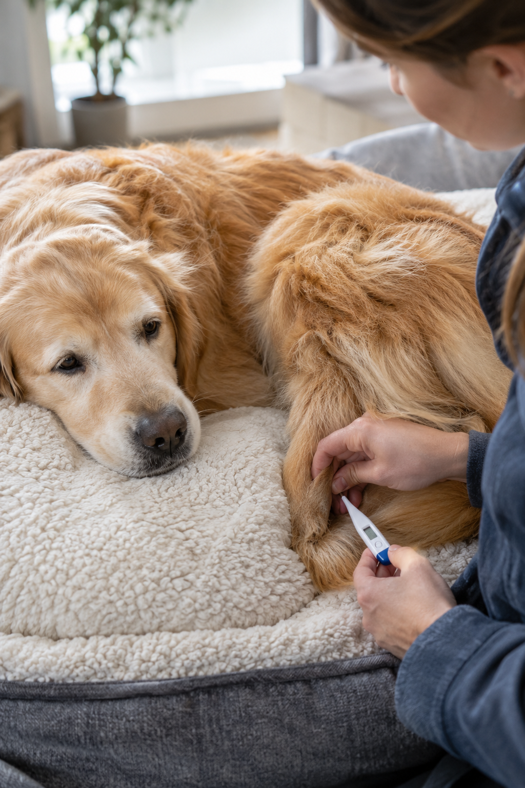 Gently taking a dog's temperature with a digital thermometer at home while the dog rests calmly