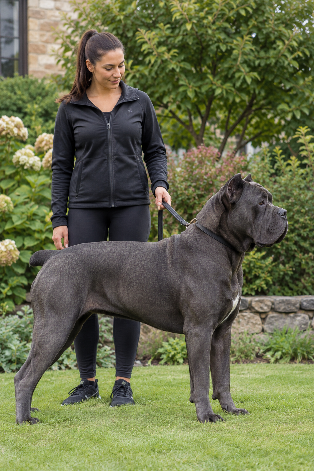 Large muscular adult Cane Corso standing in profile in a garden next to its owner