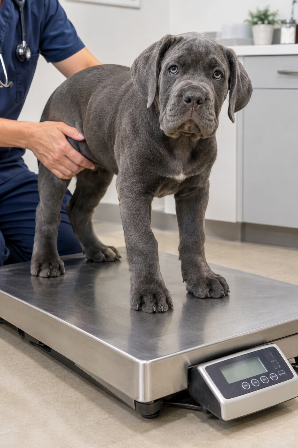 Cane Corso puppy being weighed on a large vet scale