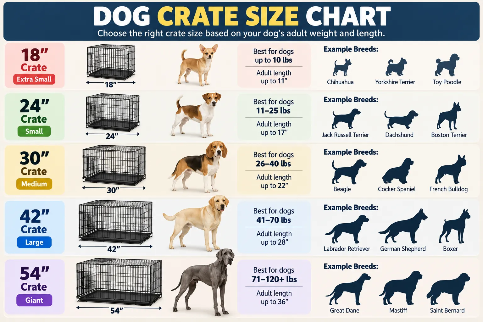 Dog crate size chart showing crate lengths from 18 to 54 inches with example breeds