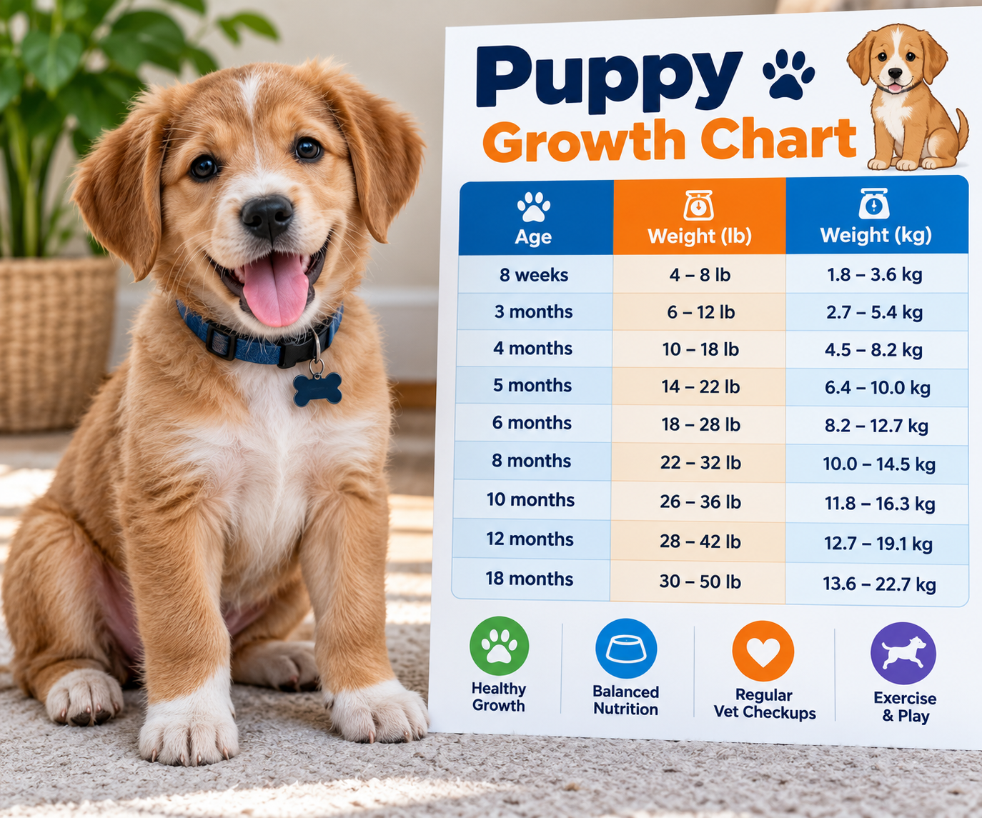 Mixed-breed puppy beside a growth chart showing how to tell how big your puppy will get