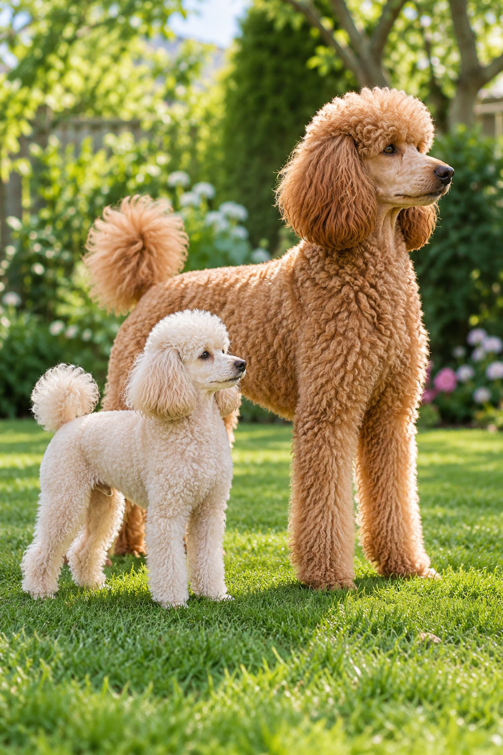 Moyen Poodle with a curly apricot coat standing in a garden next to a smaller Miniature Poodle for size comparison