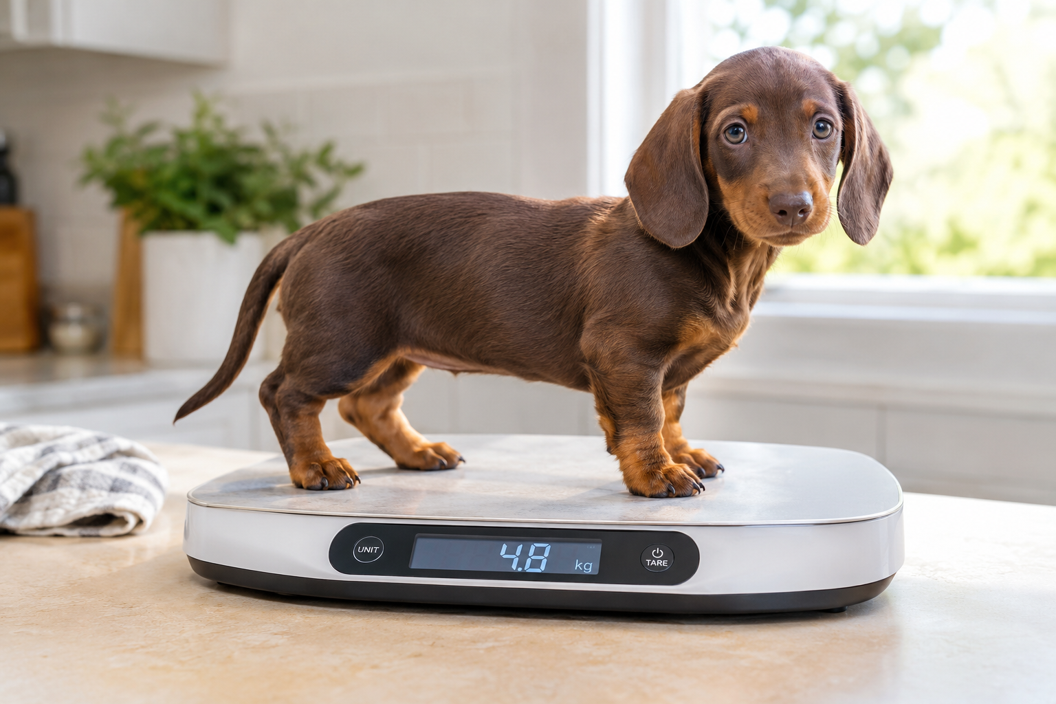 Dachshund puppy being weighed on a pet scale