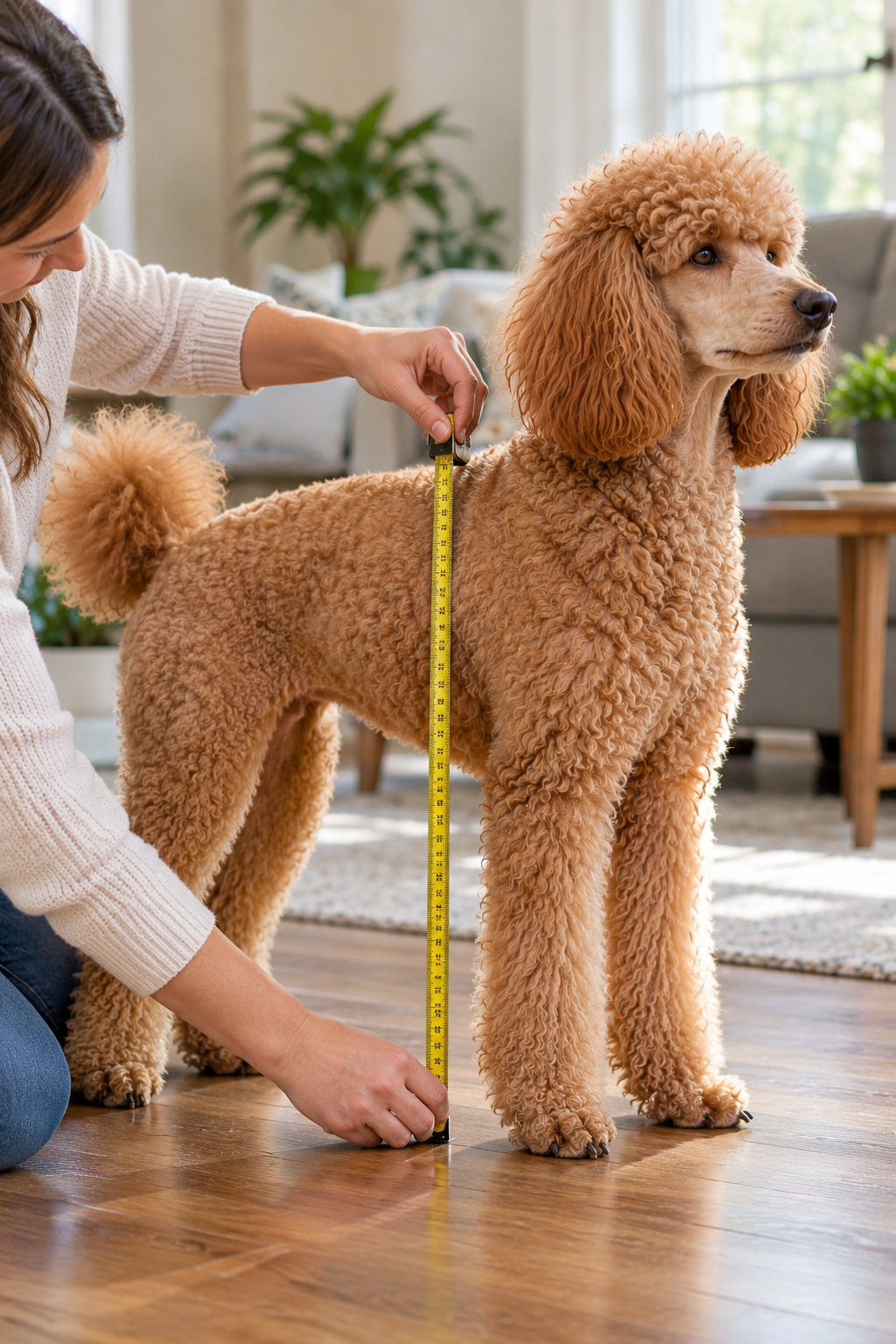 Owner measuring a Moyen Poodle's height at the shoulder with a measuring tape at home