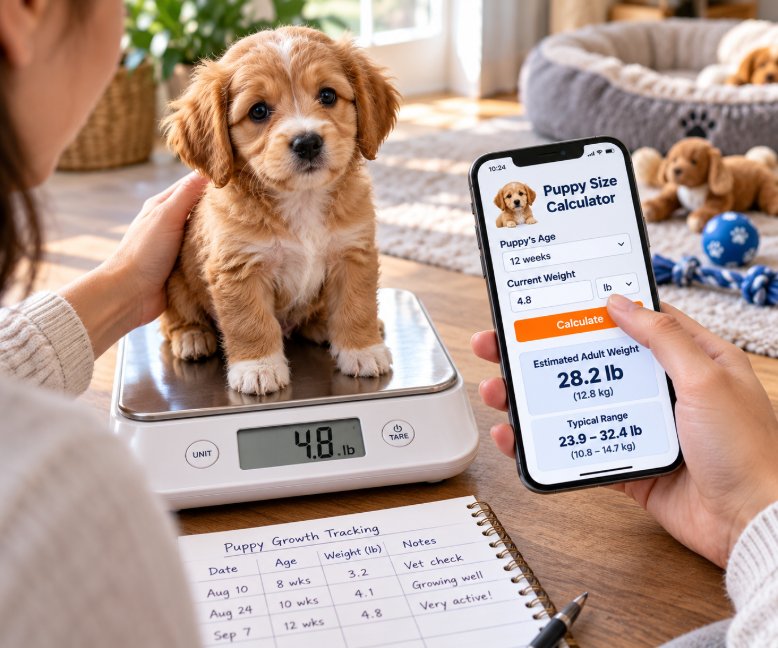 Person weighing a puppy and entering age and weight into a calculator