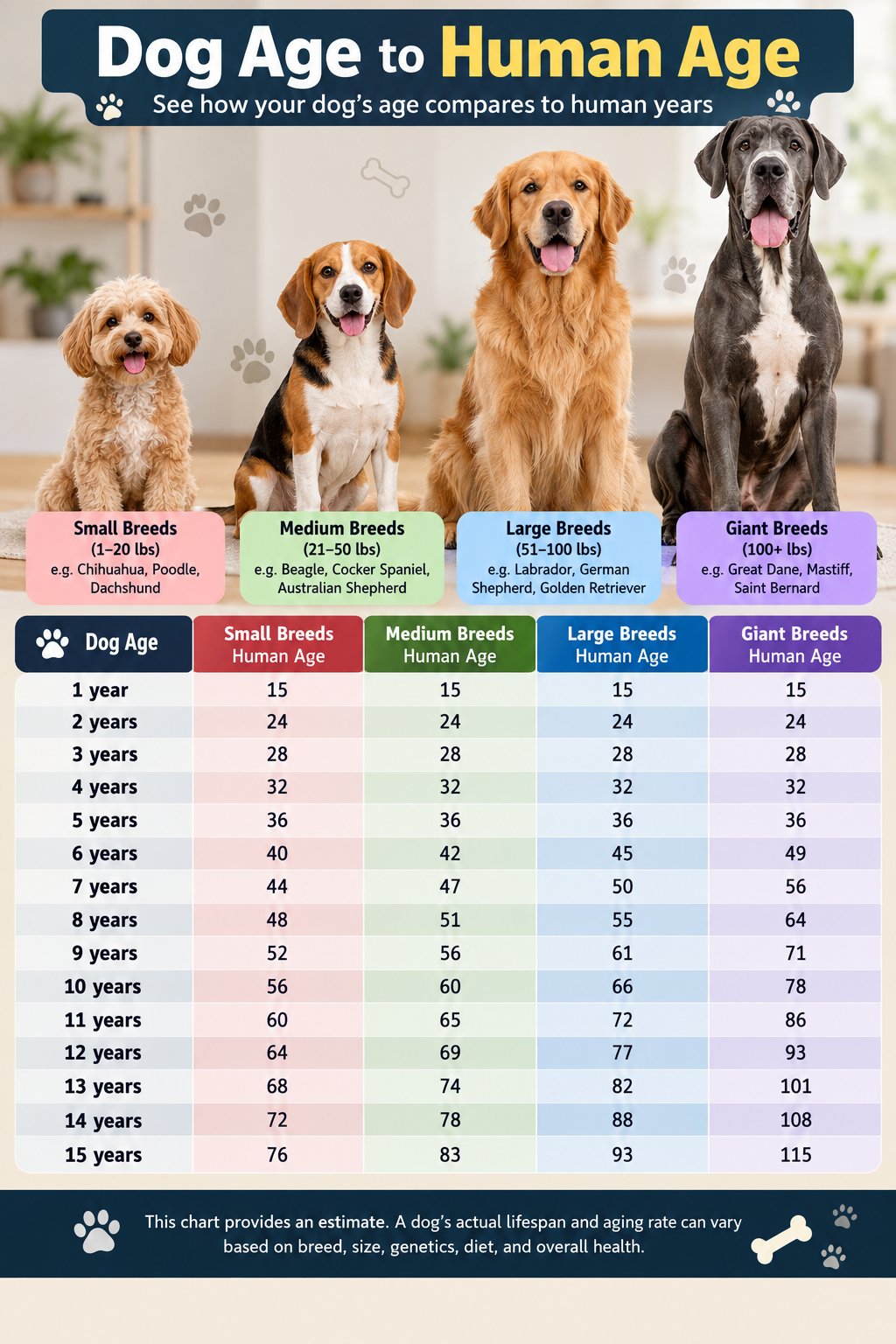 Dog age to human age chart comparing human-age estimates for small, medium, large, and giant dog breeds