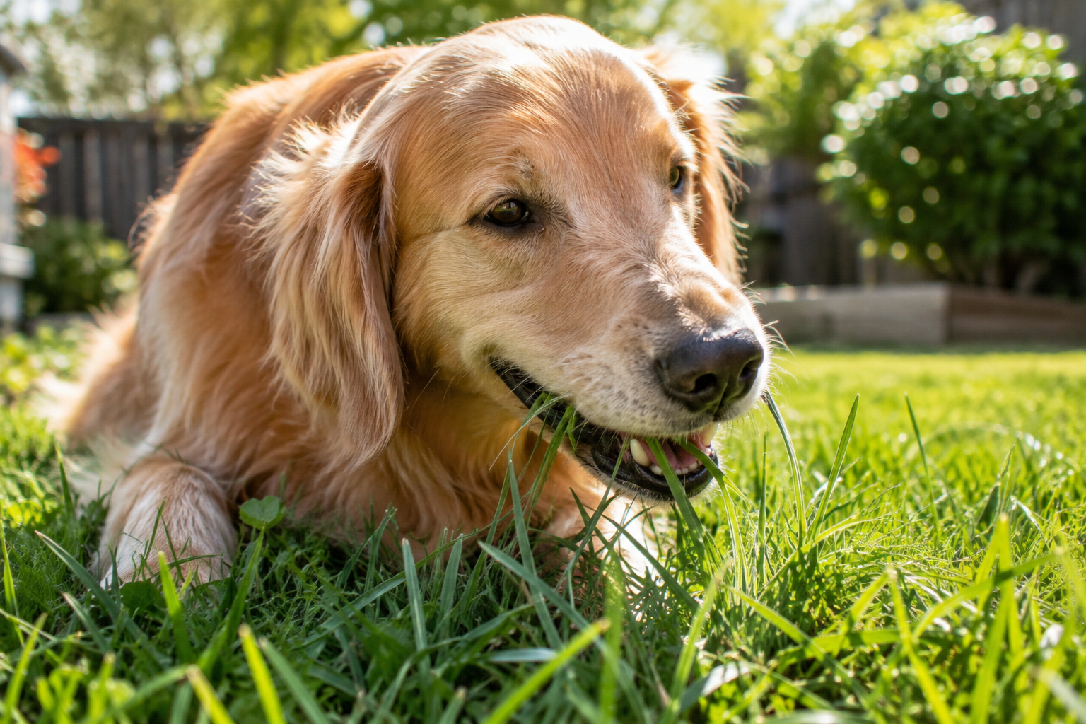 Dog nibbling on green grass in a sunny backyard