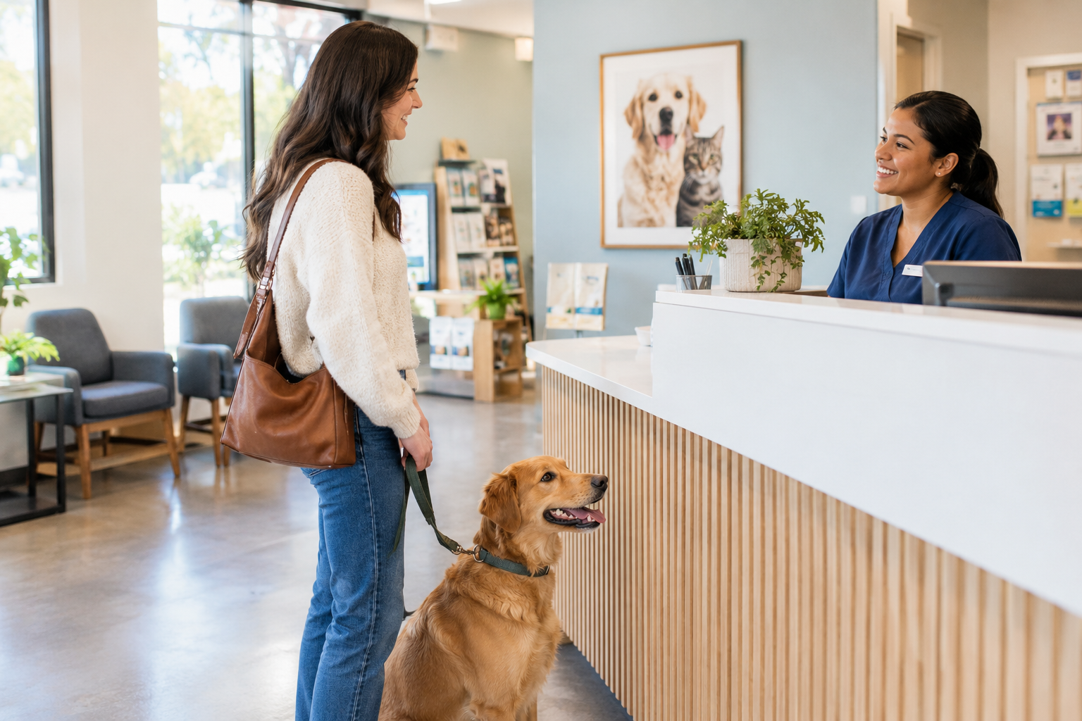 Dog owner with their dog at a veterinary clinic reception