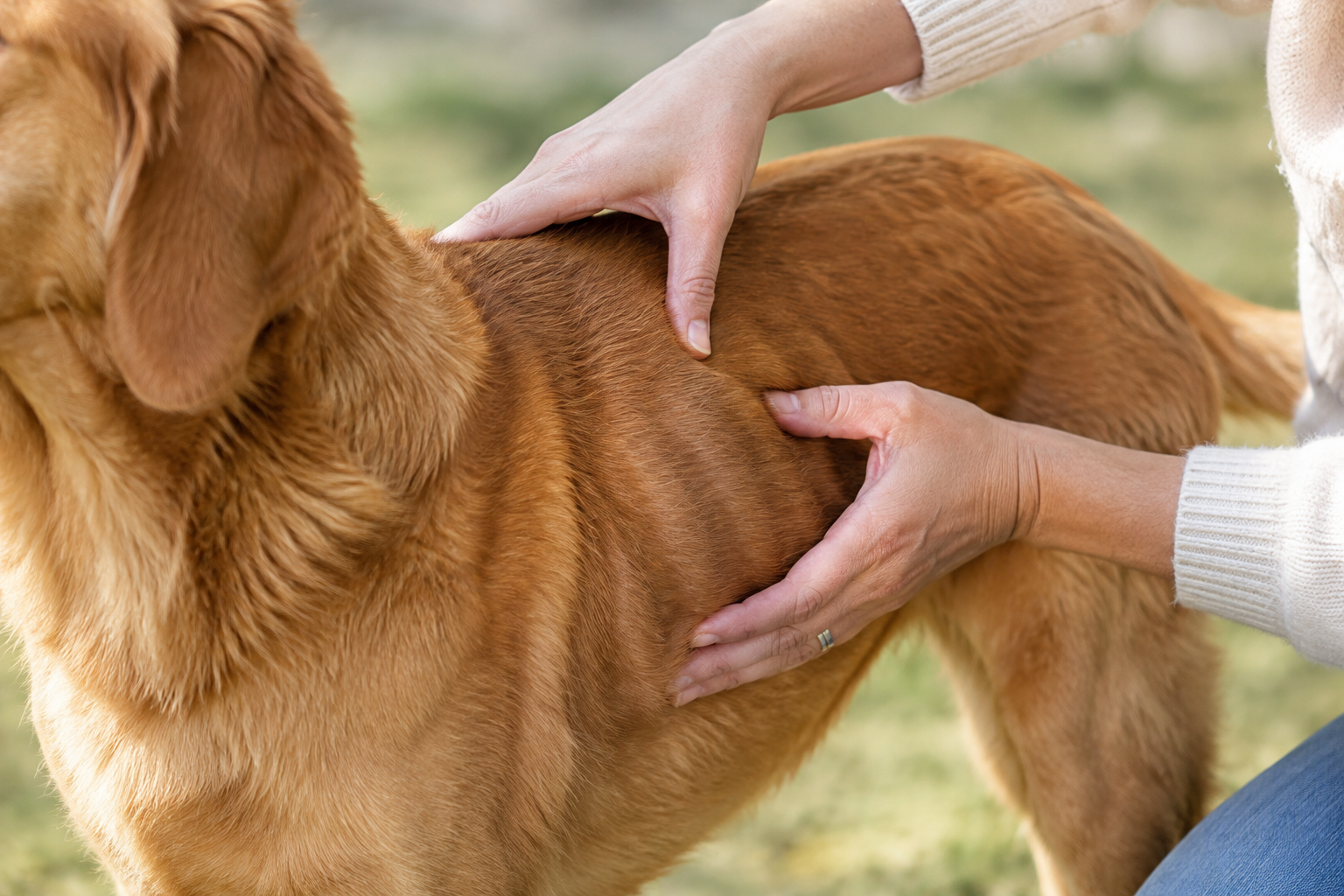 Owner checking a dog's ribs for body condition