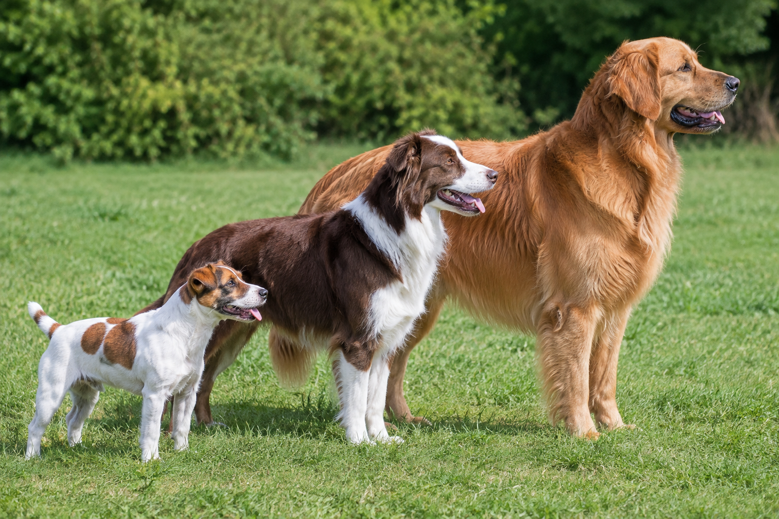 Small, medium and large dogs standing side by side showing size difference