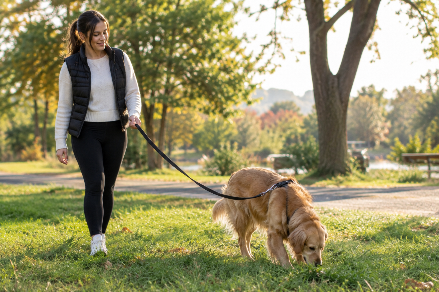 Owner watching their dog sniff grass on a walk
