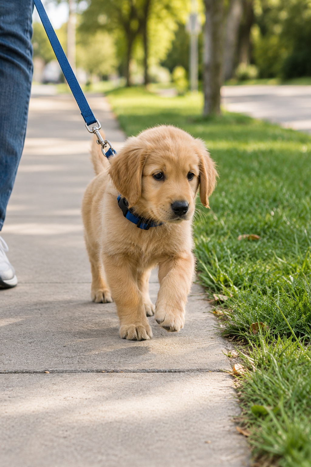 Young puppy taking its first steps on a leash on a quiet sidewalk next to a grassy verge
