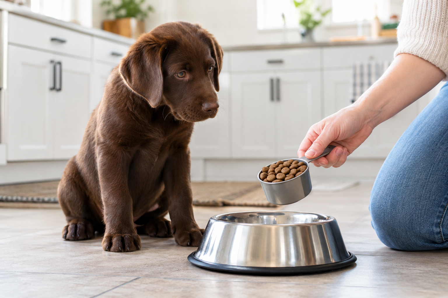 Chocolate Labrador puppy next to a food bowl with a measuring cup of kibble