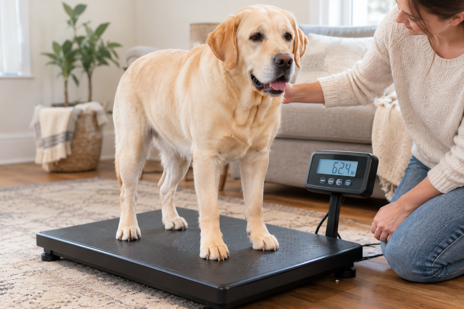 Adult yellow Labrador being weighed on a pet scale at home