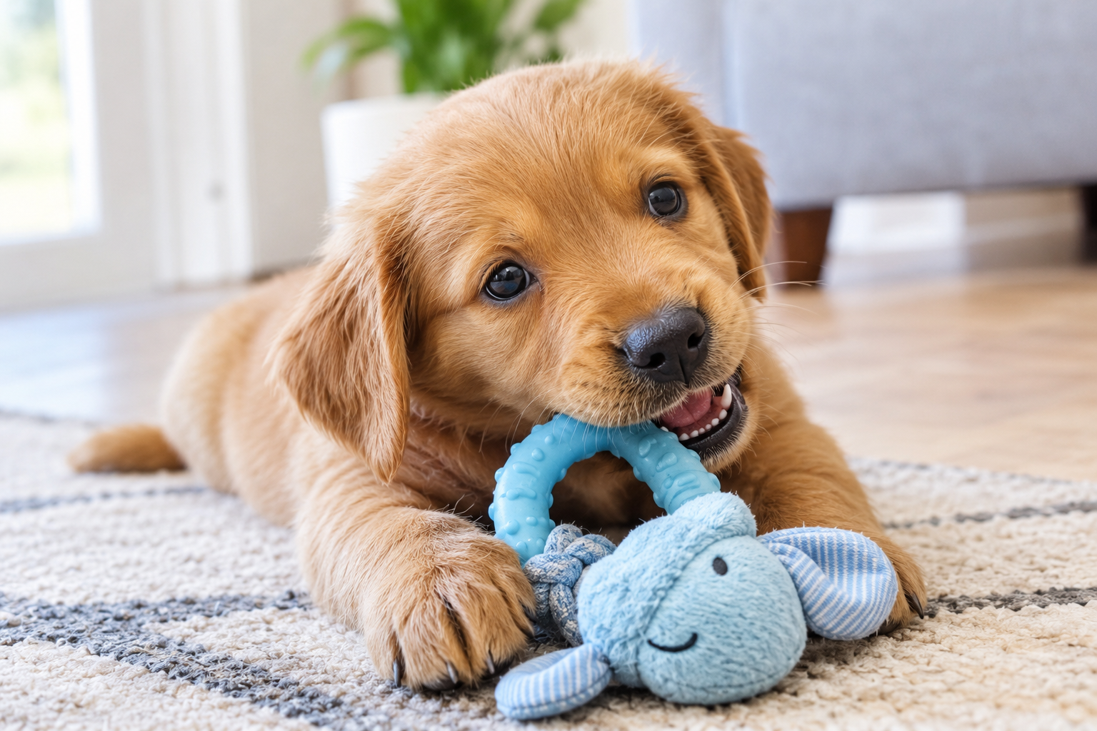 Young puppy gently mouthing a blue teething toy, tiny baby teeth visible