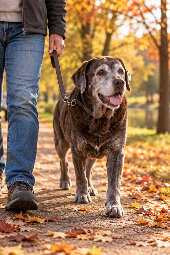 Happy senior dog with a grey muzzle on a gentle park walk.