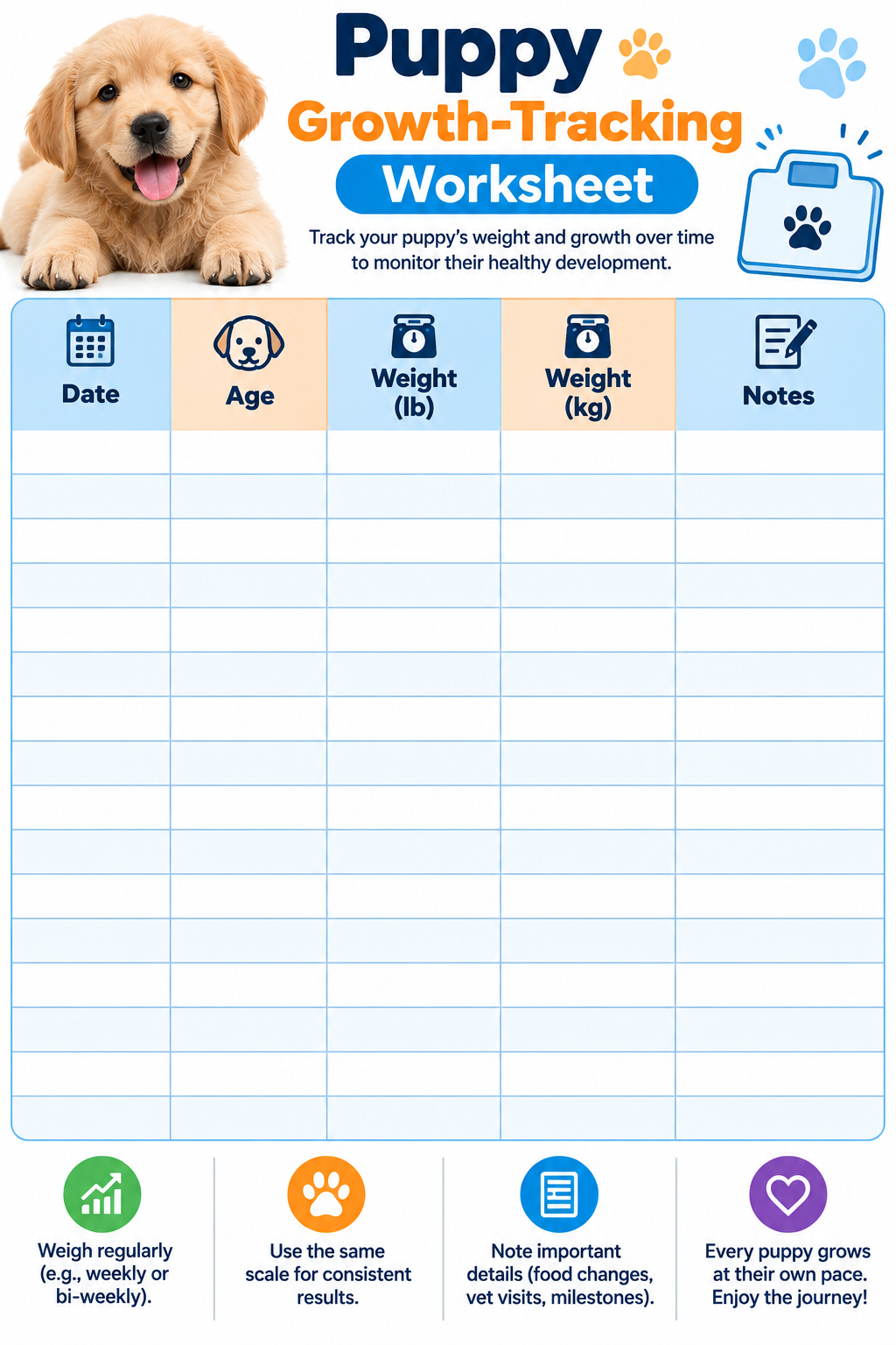 Puppy growth tracking worksheet with date age and weight columns