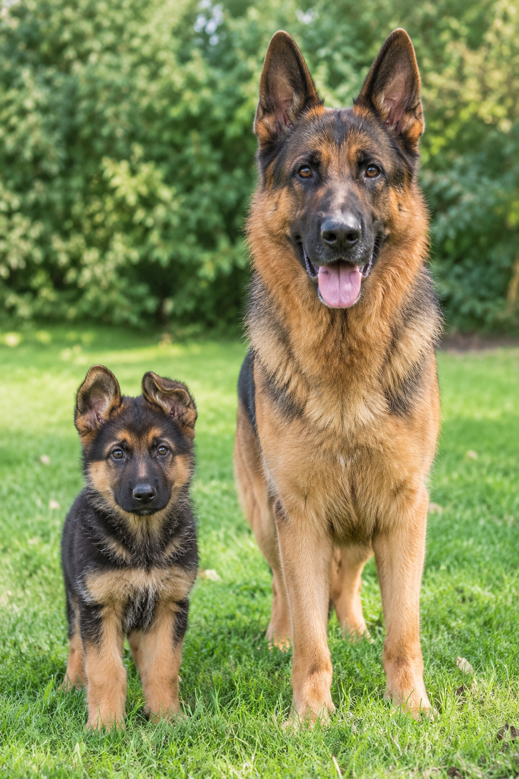 German Shepherd puppy standing next to a fully grown adult German Shepherd