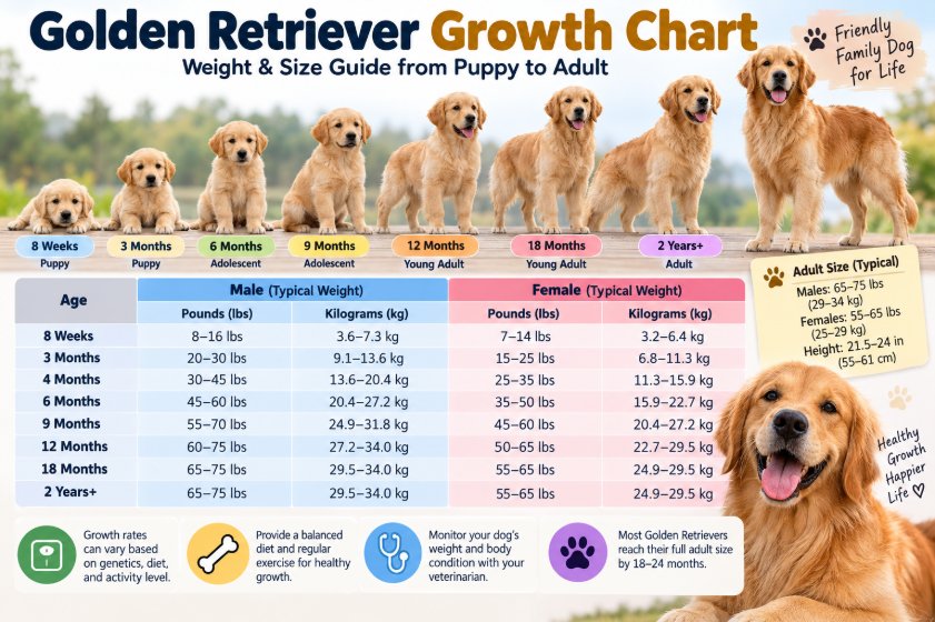 Golden retriever weight chart by age and sex with male and female weight ranges in pounds and kilograms