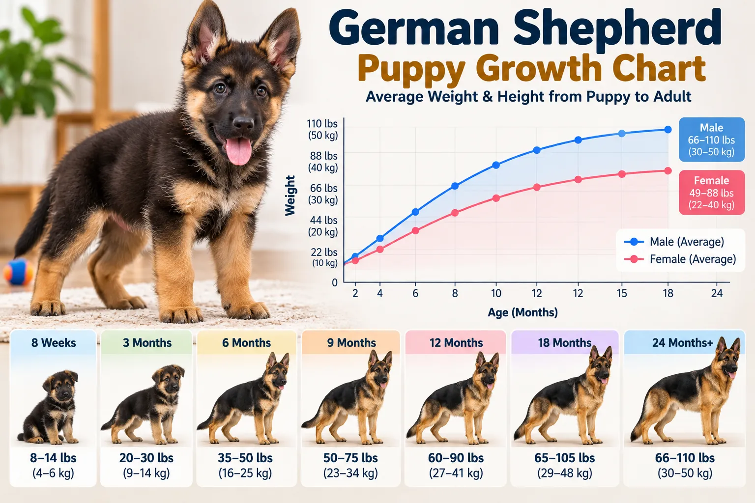 German Shepherd puppy growth chart with male and female weight curves from puppy to adult