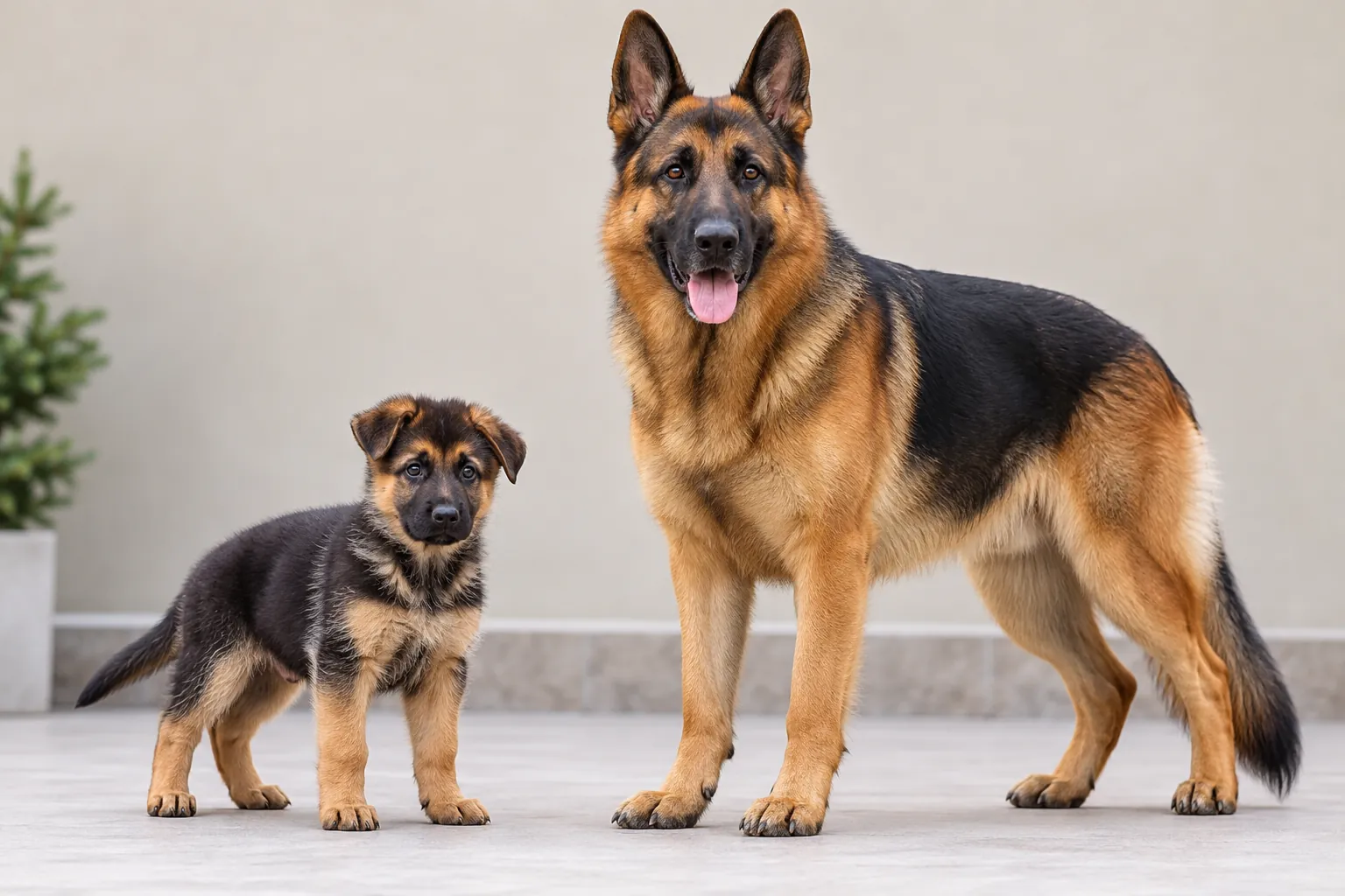 German Shepherd puppy beside an adult German Shepherd showing the size difference