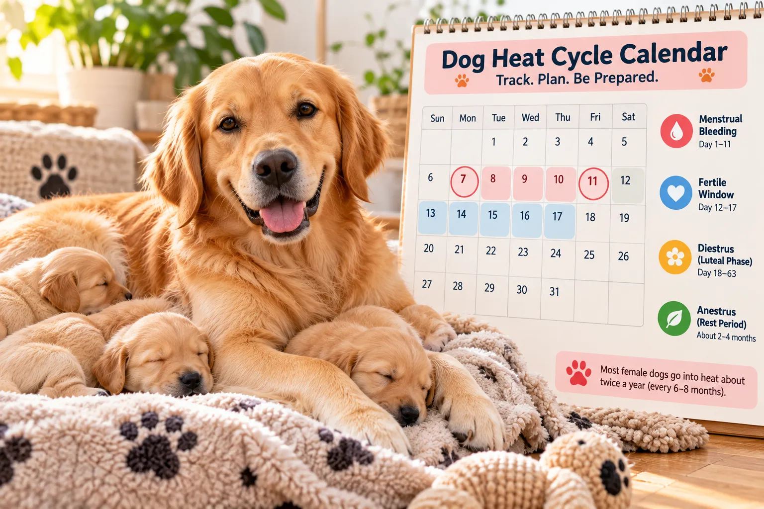 Dog heat cycle calendar showing the phases of a canine heat cycle